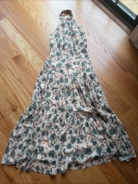 Cream Halter Maxi Dress with Teal Floral Print